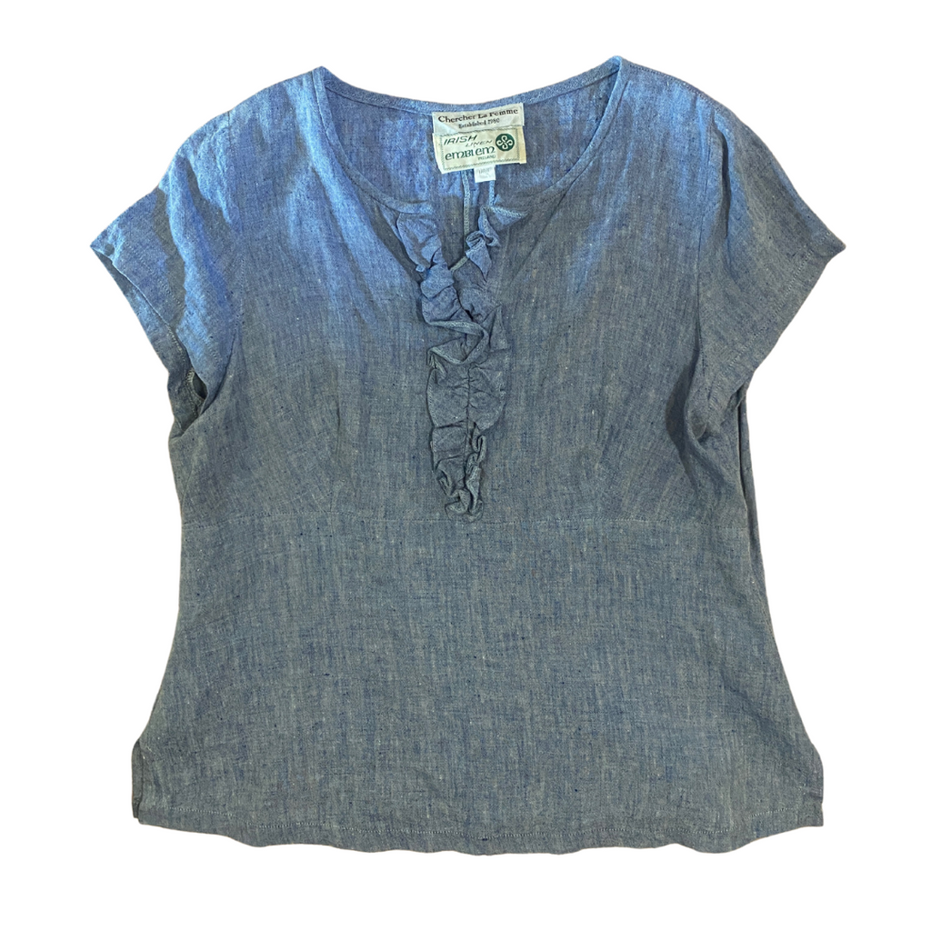 Chercher La Femme Pure Washed Linen Ruffle Blouse – Blue – Size M