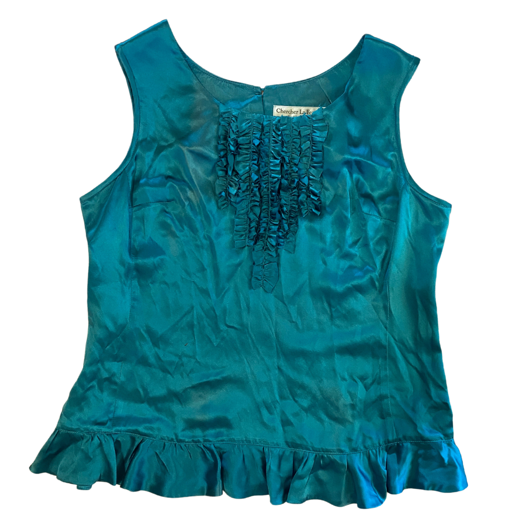 Chercher La Femme Pure Silk Ruffle Top – Teal – Size M