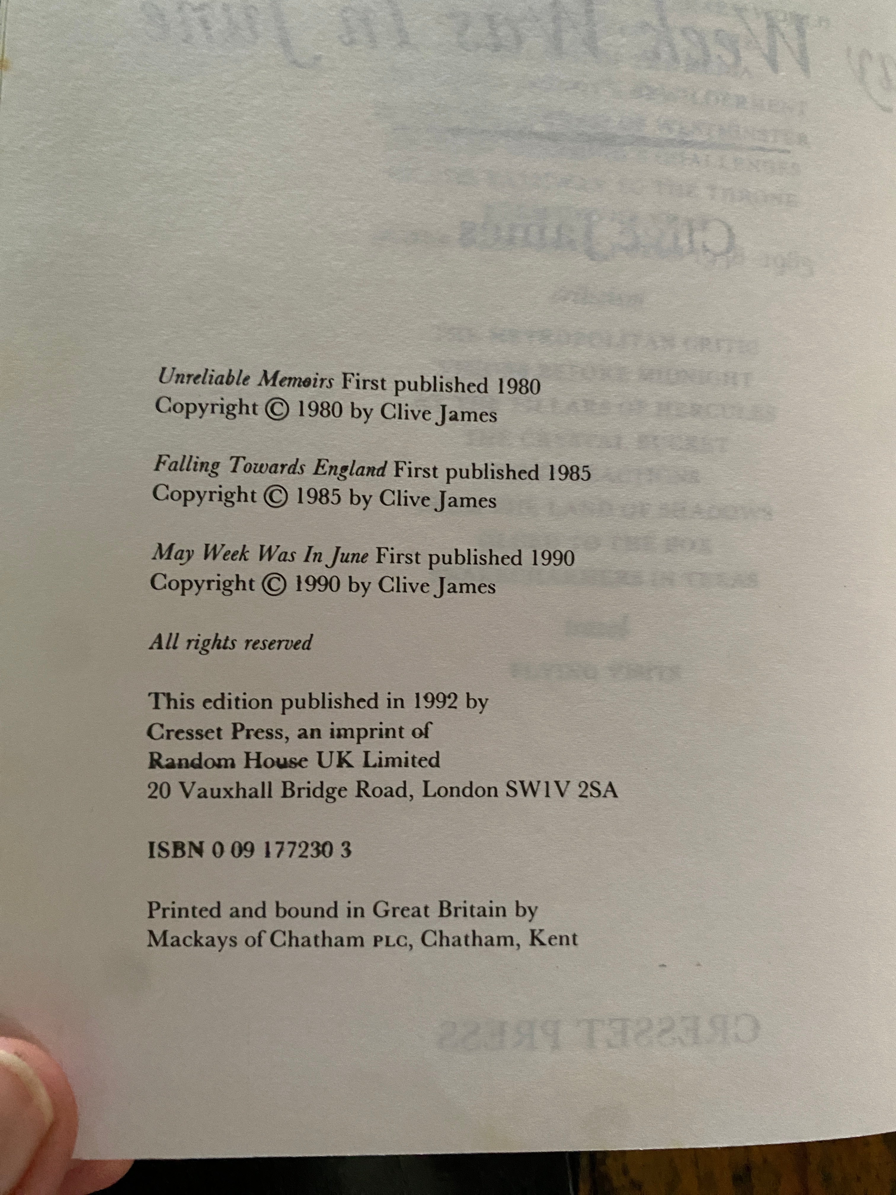 Clive James Compendium; Unreliable Memories, Falling Towards England, May Week Was In June — James, Clive