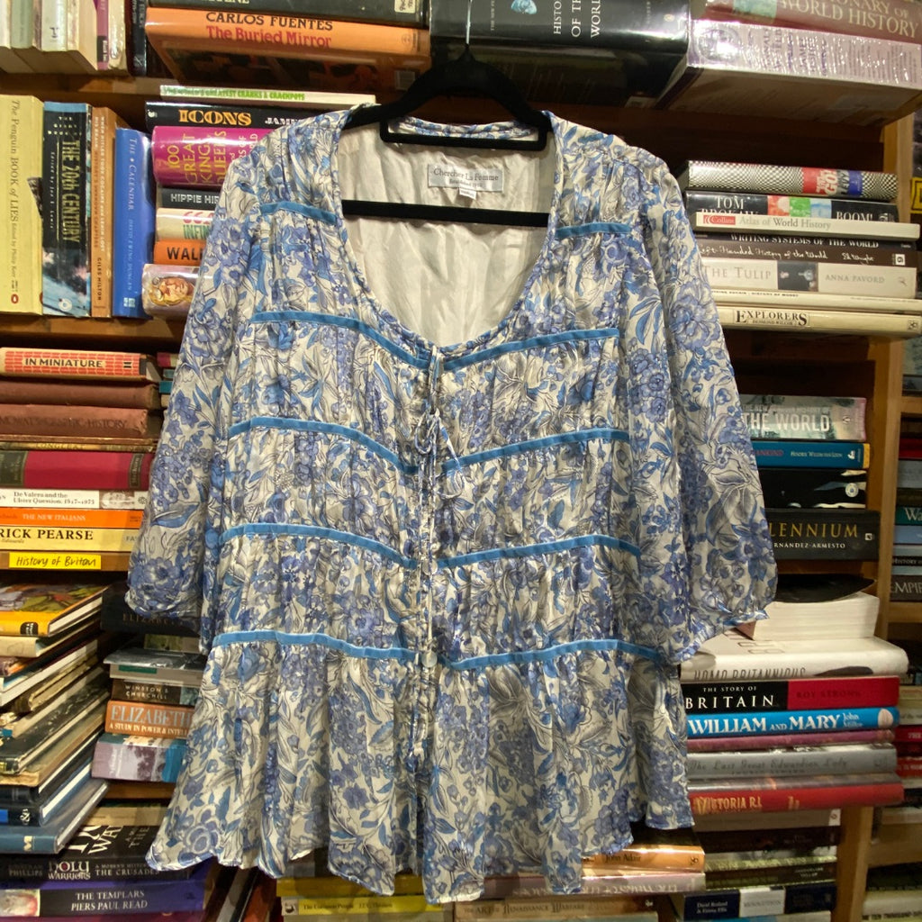Chercher La Femme Pure Silk Floral Blouse – Blue &amp; Ivory – Size M