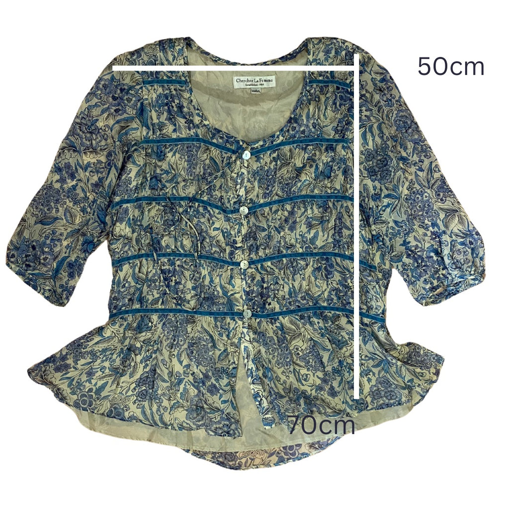 Chercher La Femme Pure Silk Floral Blouse – Blue &amp; Ivory – Size M