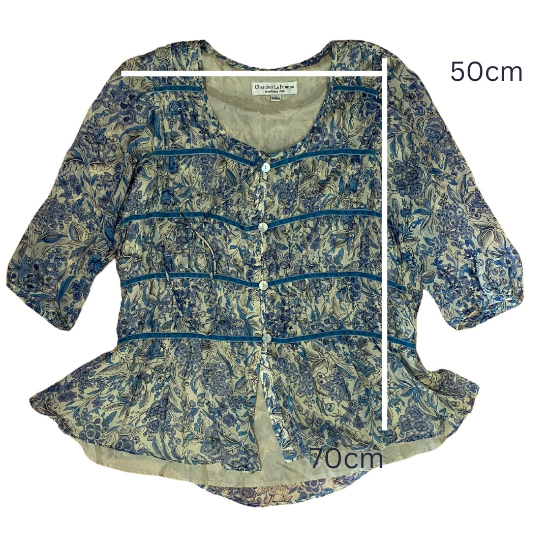 Chercher La Femme Pure Silk Floral Blouse – Blue &amp; Ivory – Size M