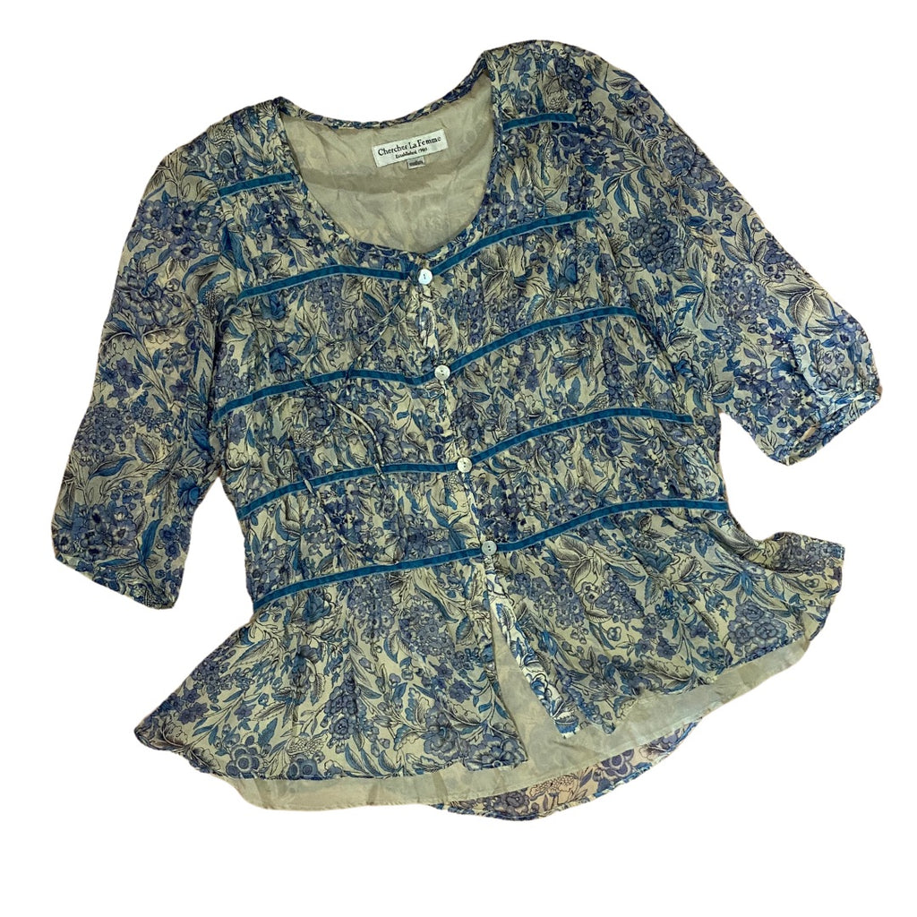 Chercher La Femme Pure Silk Floral Blouse – Blue &amp; Ivory – Size M