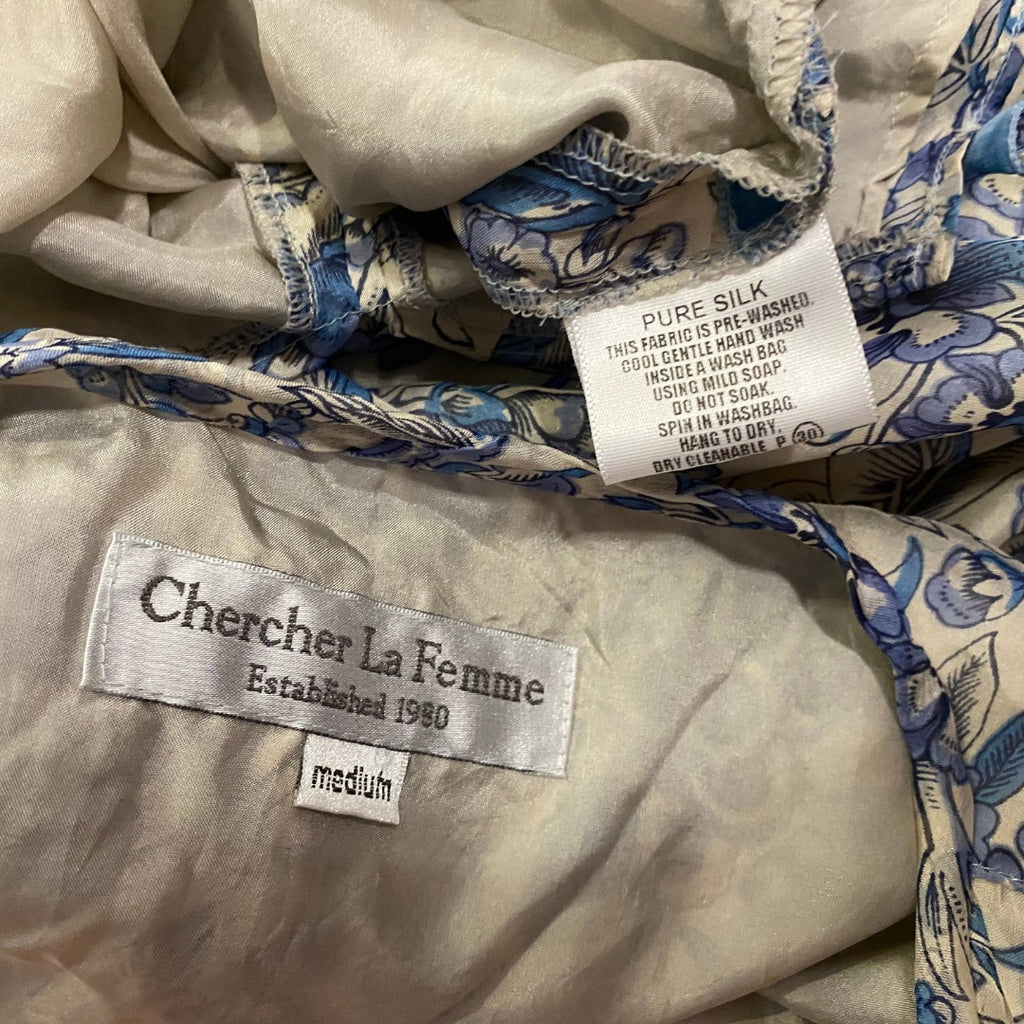 Chercher La Femme Pure Silk Floral Blouse – Blue &amp; Ivory – Size M