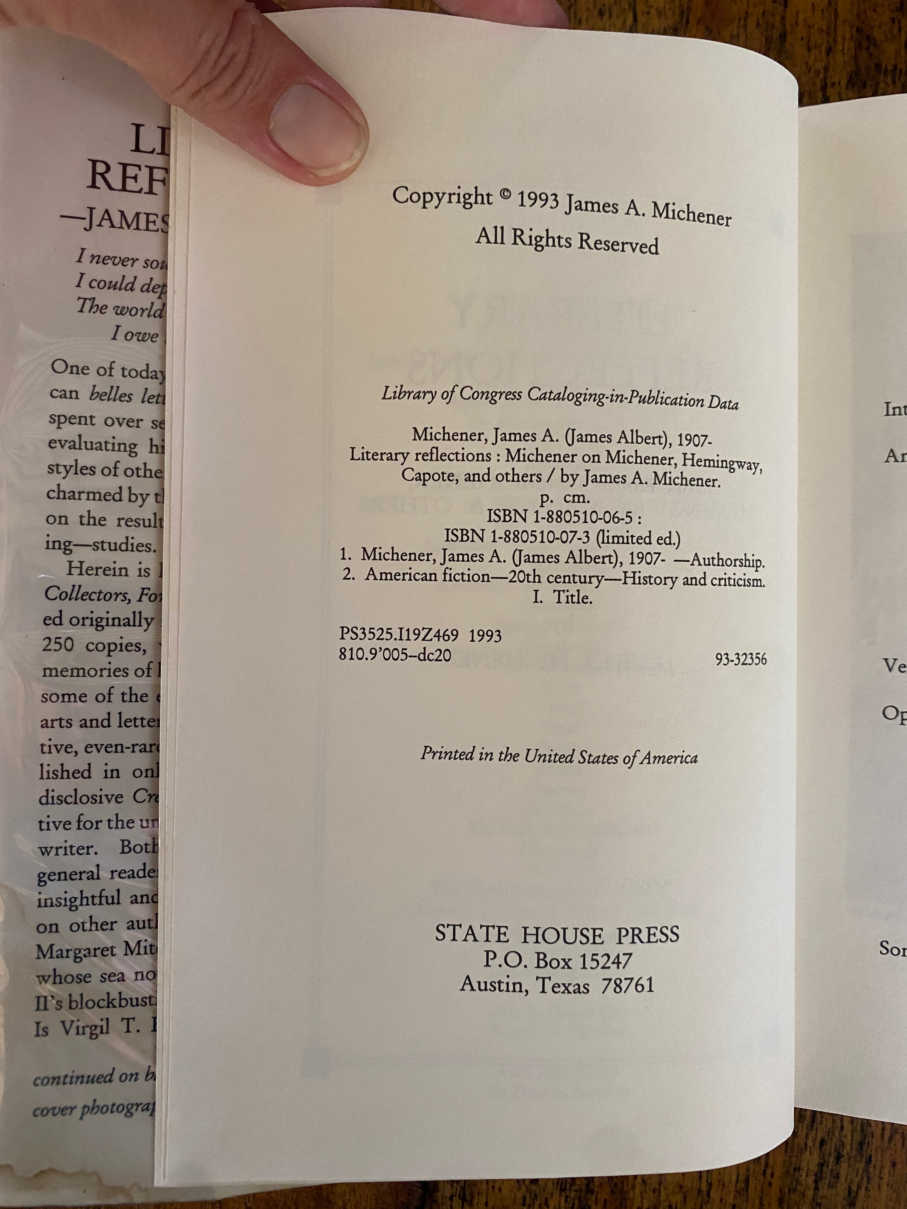 Literary Reflections; Michener on Michener, Hemingway, Capote & Others — Michener, James A.