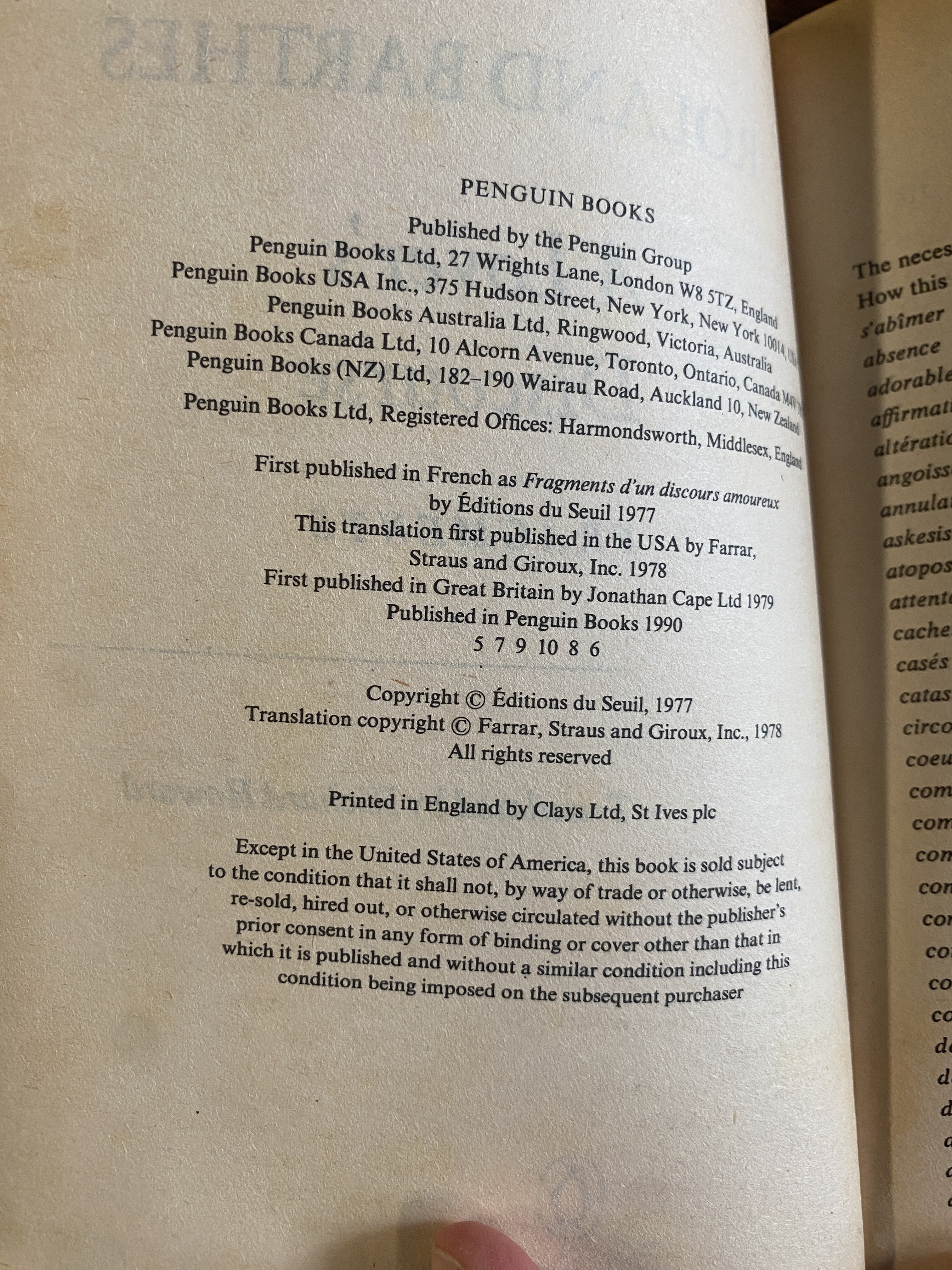A Lover's Discourse; Fragments - Barthes, Roland